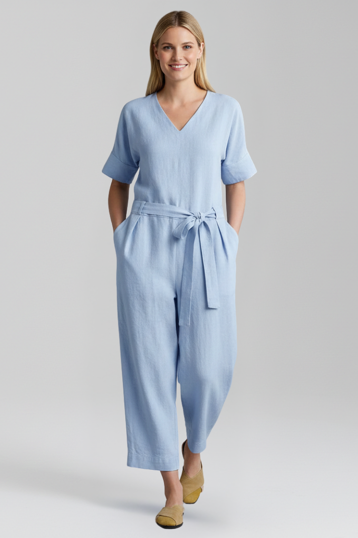 Close-up of the V-neck and long sleeves on a stylish women's wide leg jumpsuit, a modern fashion choice.