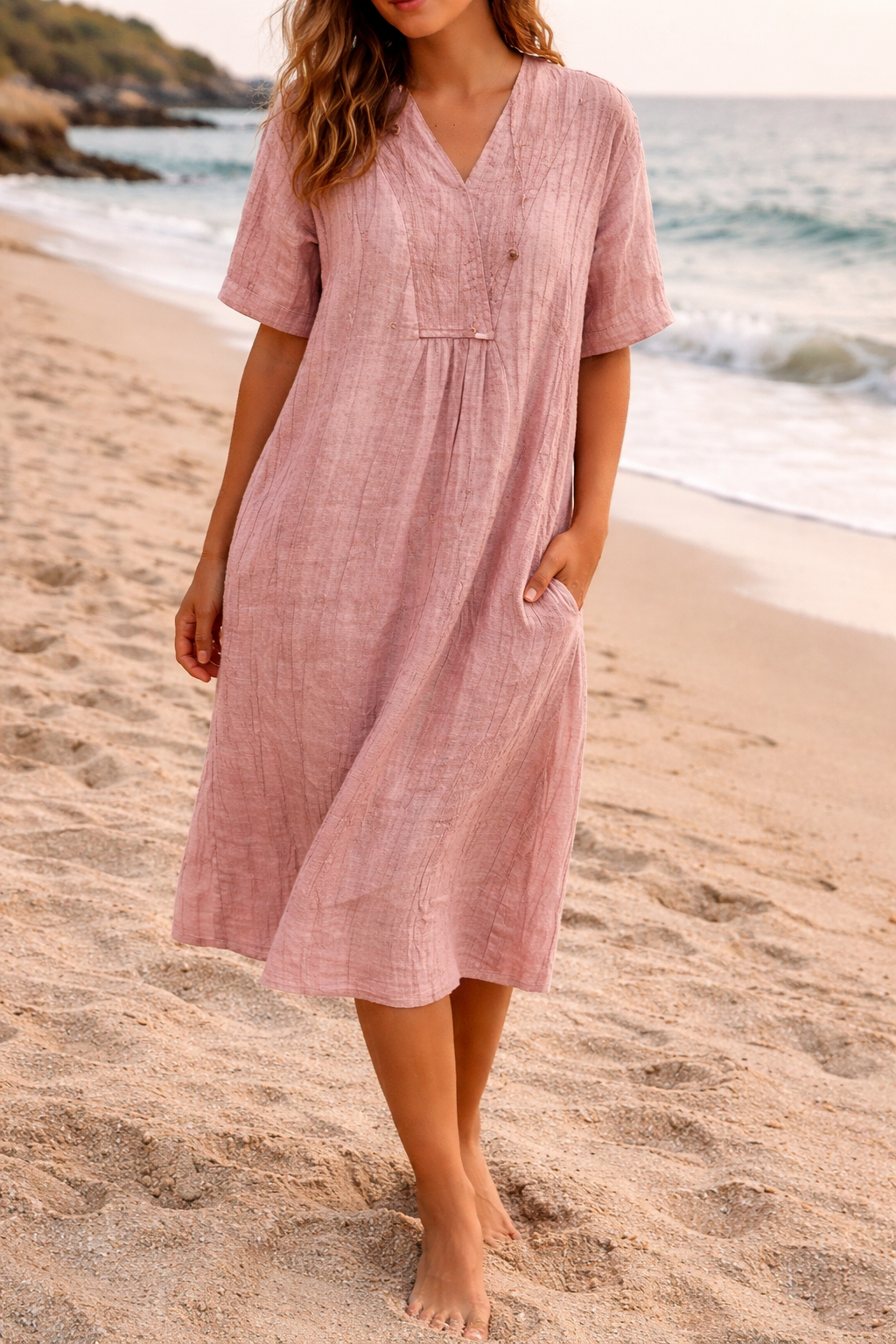 Women's V-neck loose fit midi dress in a comfortable summer style, perfect for casual day wear.