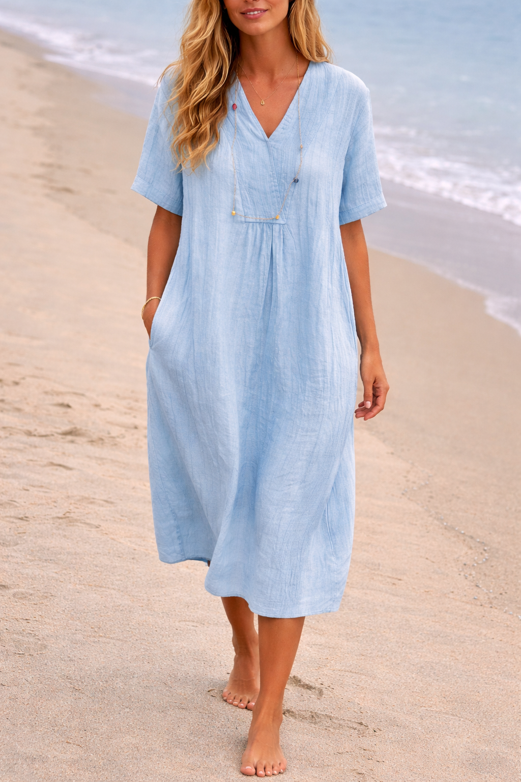 Stylish black V-neck loose fit midi dress, a versatile women's summer dress for casual or day wear.