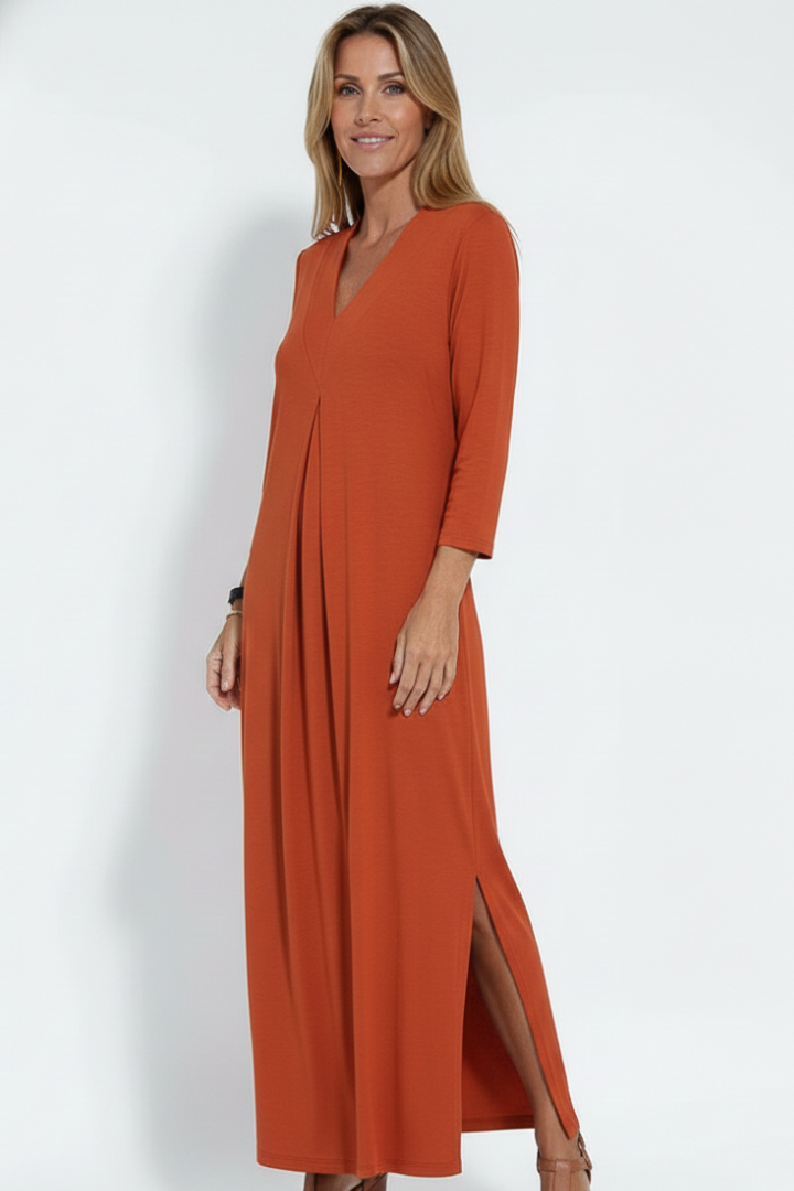 Summer-ready women's V-neck maxi dress, sleeveless, flowy, and featuring a trendy side slit.