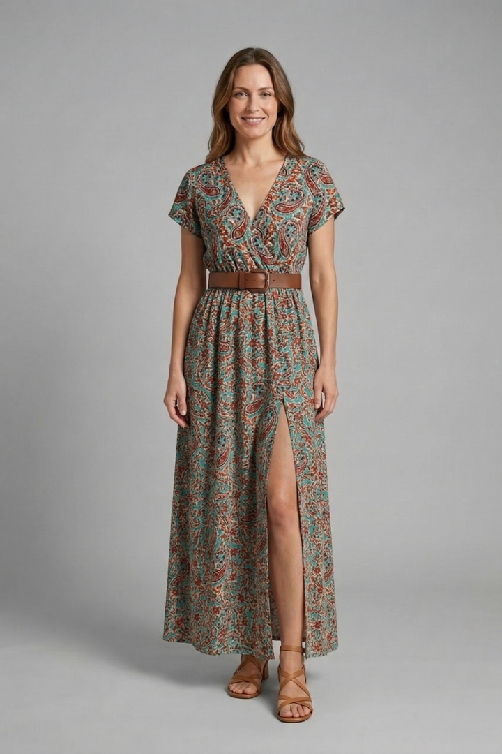Sleeveless V-neck maxi dress with side slit, ideal as a casual beach dress or for summer vacations.