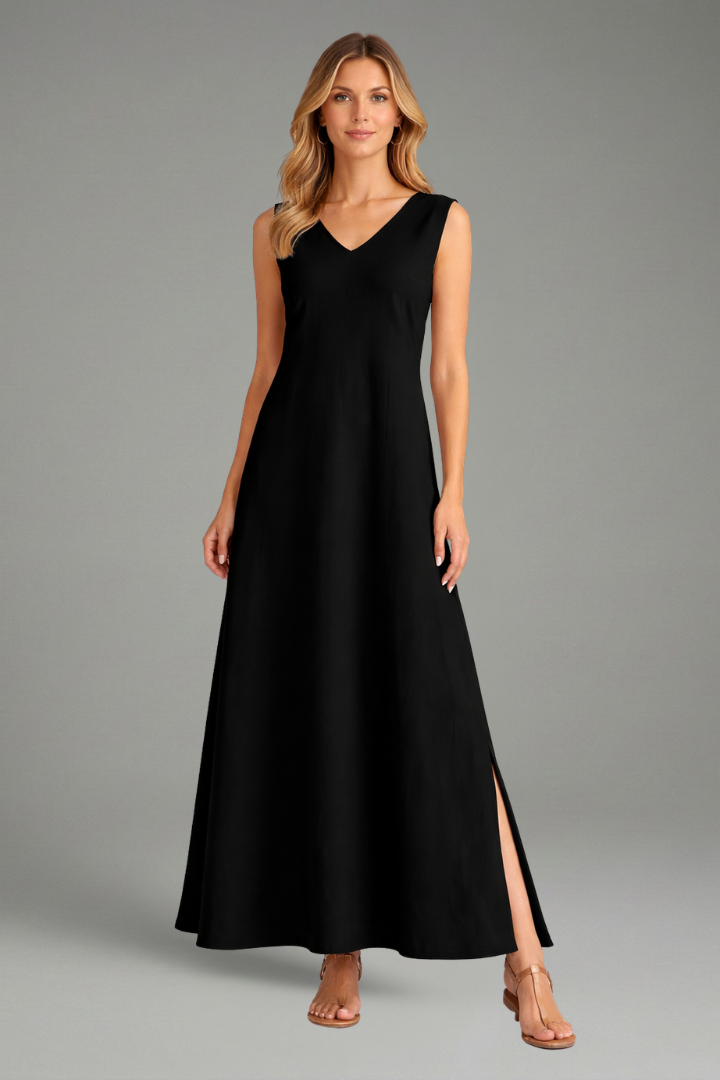 Sleeveless V-neck maxi dress for women, featuring a chic side slit, ideal for warm weather.
