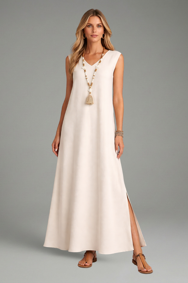 Versatile women's V-neck maxi dress with side slit; great for beach, vacation, or casual outing.