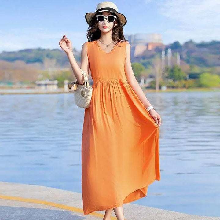 Classic V-neck maxi dress for women, sleeveless with a stylish tie waist and functional pockets.
