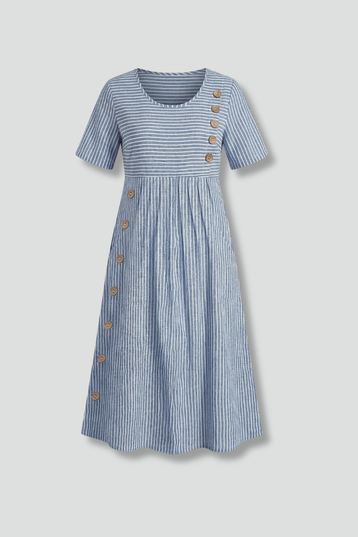 Women's V-Neck Midi Dress with elegant front button detail, perfect for chic casual or versatile everyday wear.