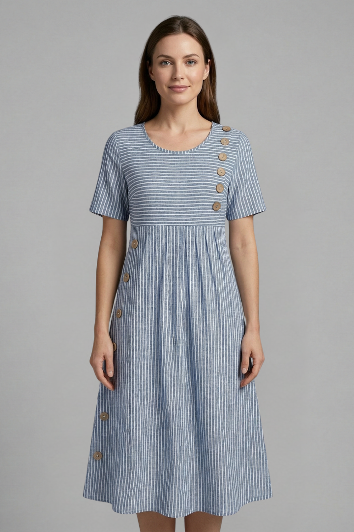 Elegant women's V-Neck midi dress featuring stylish buttons, ideal for casual fashion and versatile everyday wear.