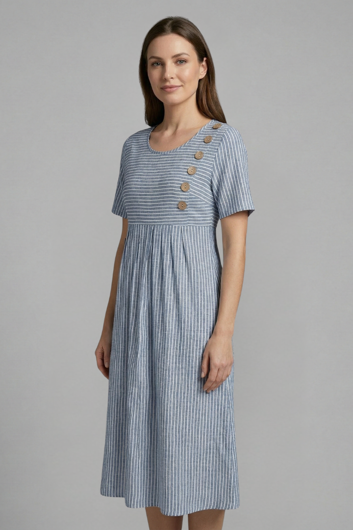 Chic women's V-neck midi dress with intricate button detailing, a versatile and elegant piece for modern fashion.