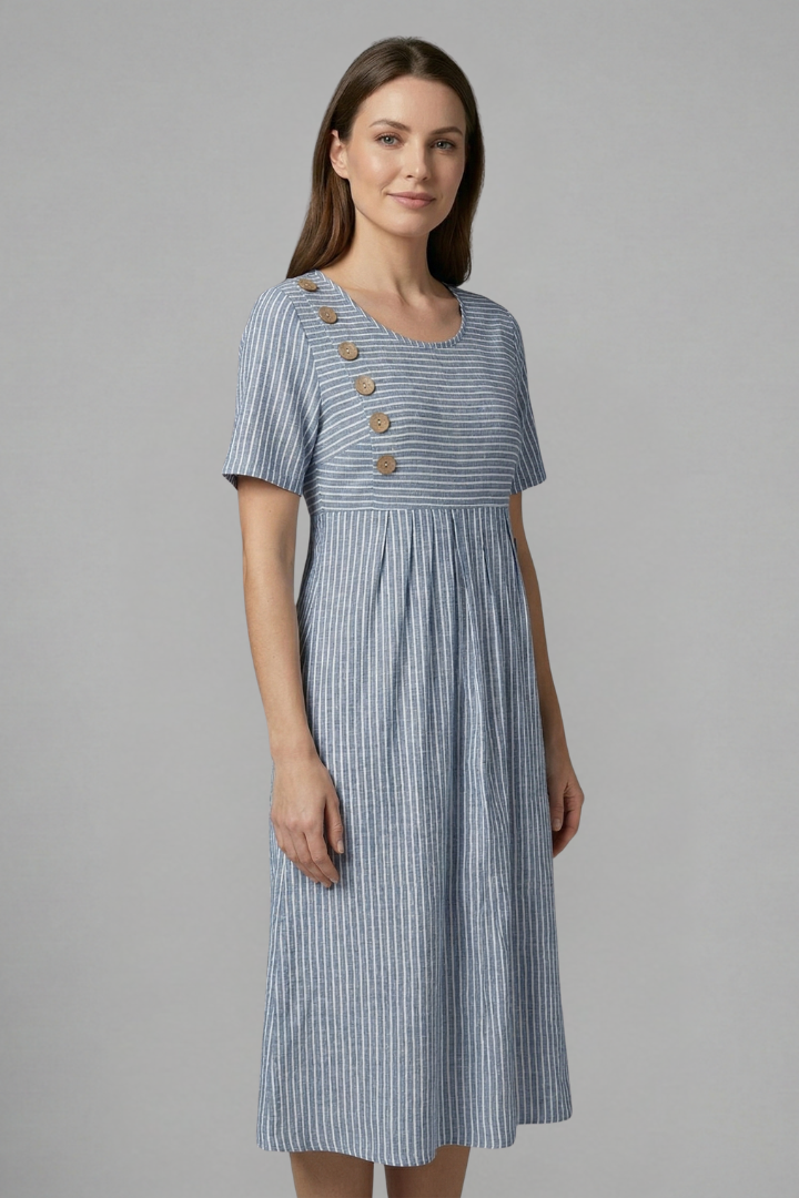 Comfortable women's V-Neck midi dress with elegant buttons, offering a versatile and stylish option for daily wear.