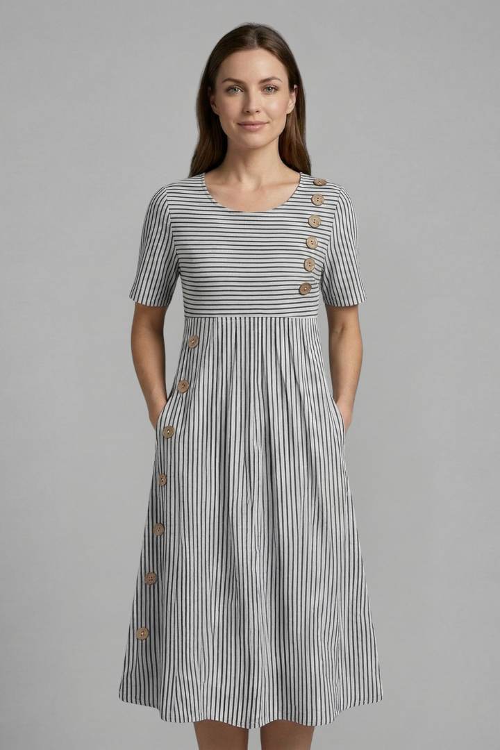 Beautiful women's V-neck midi dress with elegant buttons down the front, perfect for a chic and versatile look.