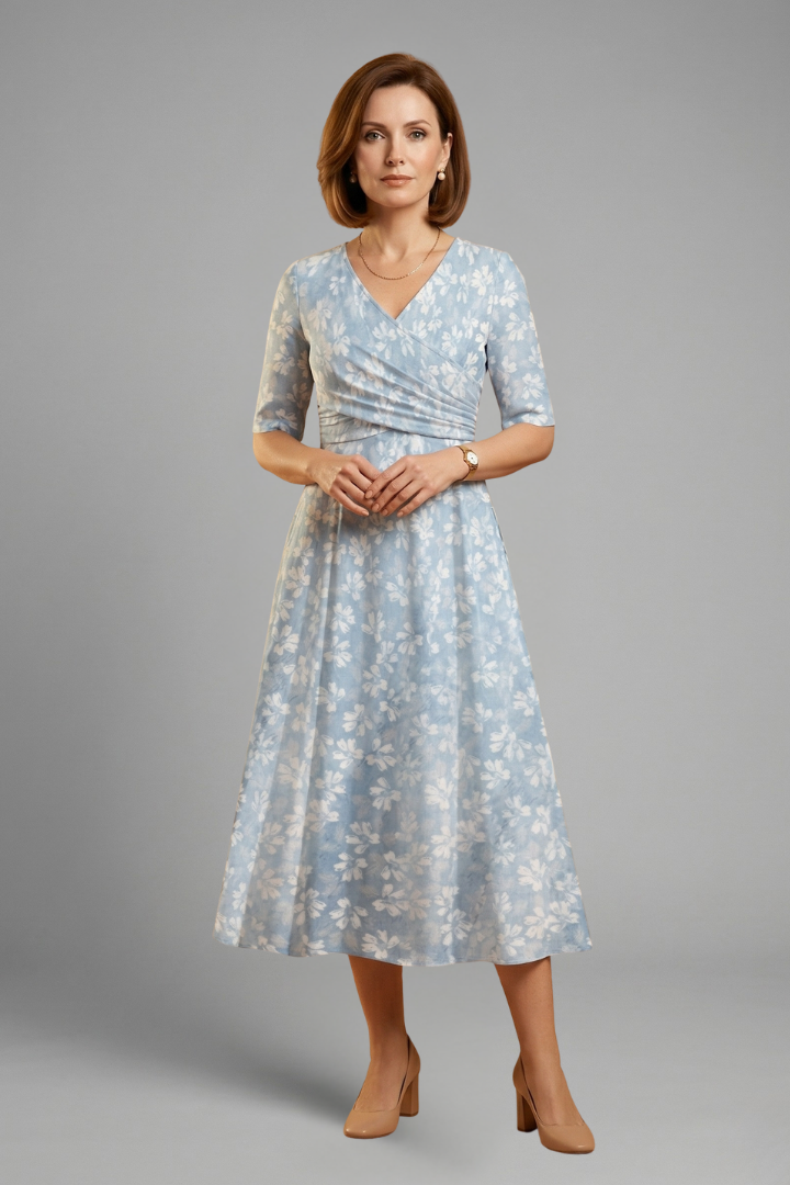 Relaxed fit women's V-neck midi dress with short sleeves & pockets, ideal for comfortable summer style.