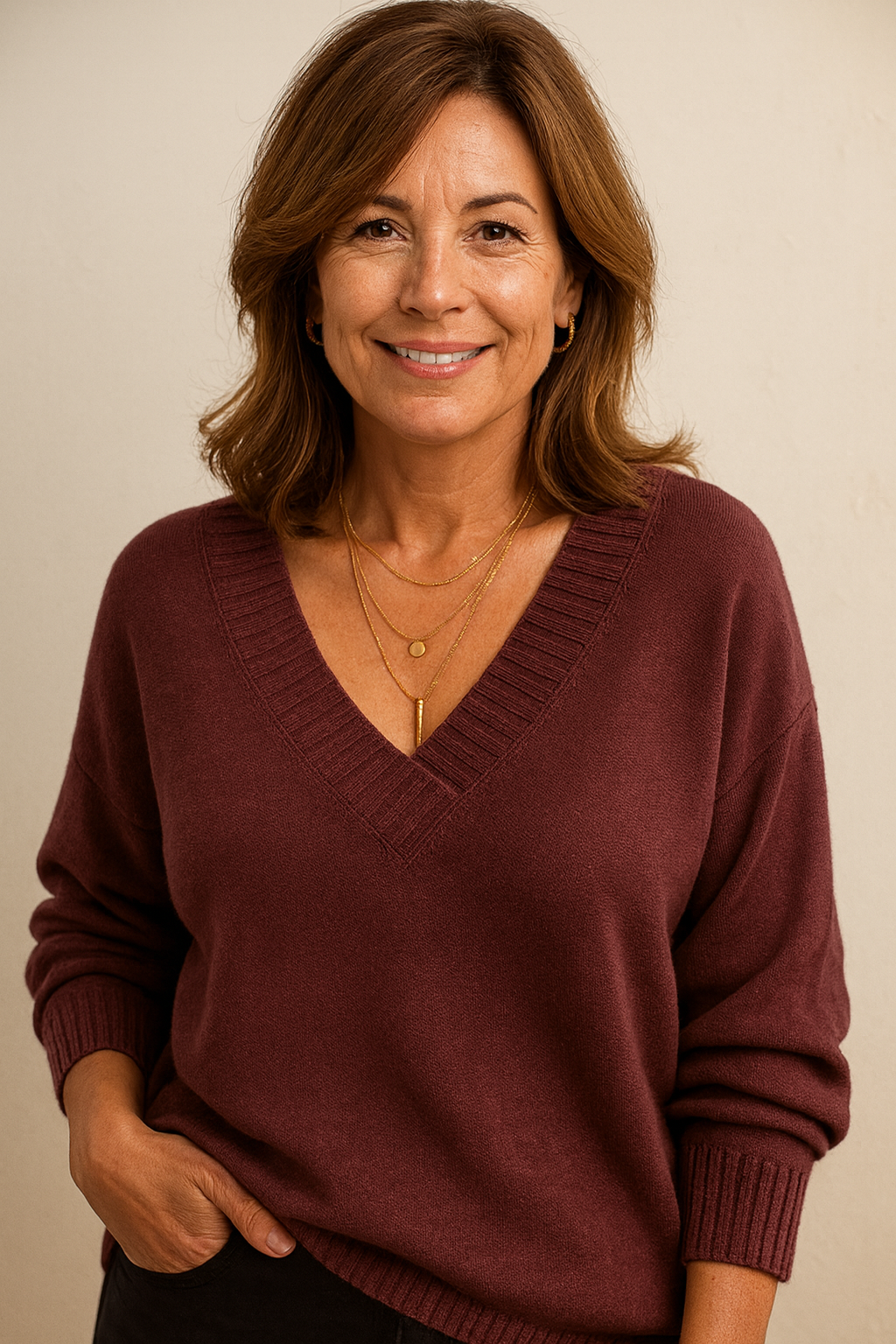 Cozy women's relaxed fit V-neck ribbed sweater. Long sleeve comfort for cooler days.