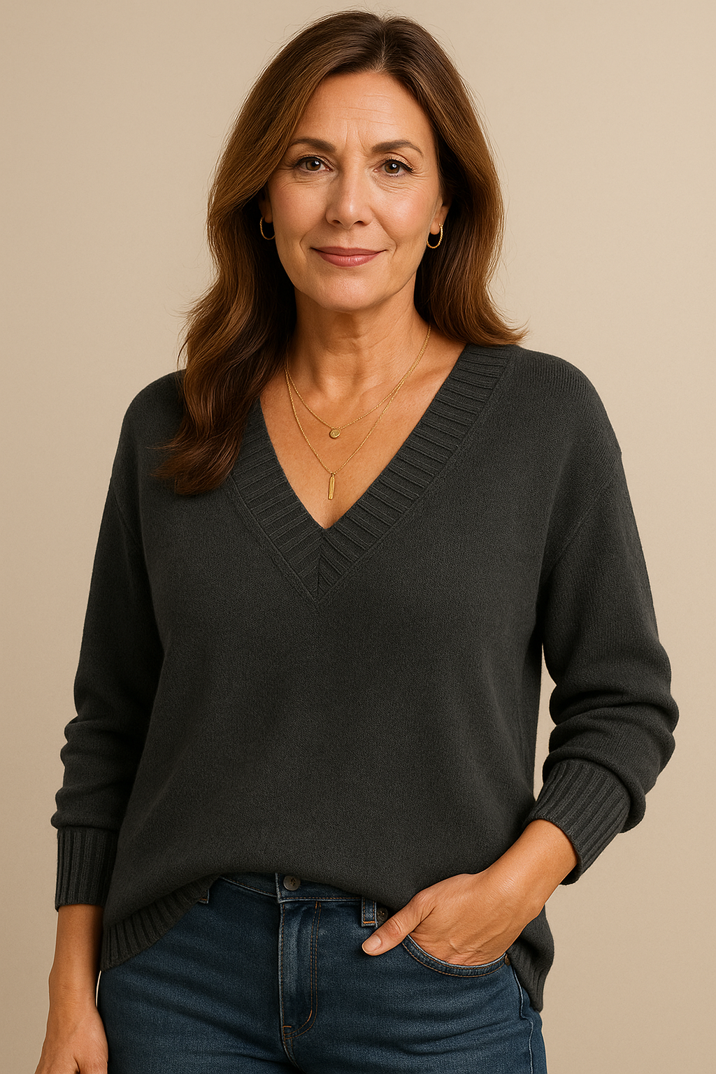 Relaxed fit V-neck long sleeve sweater for women. Cozy ribbed knit, everyday comfort.