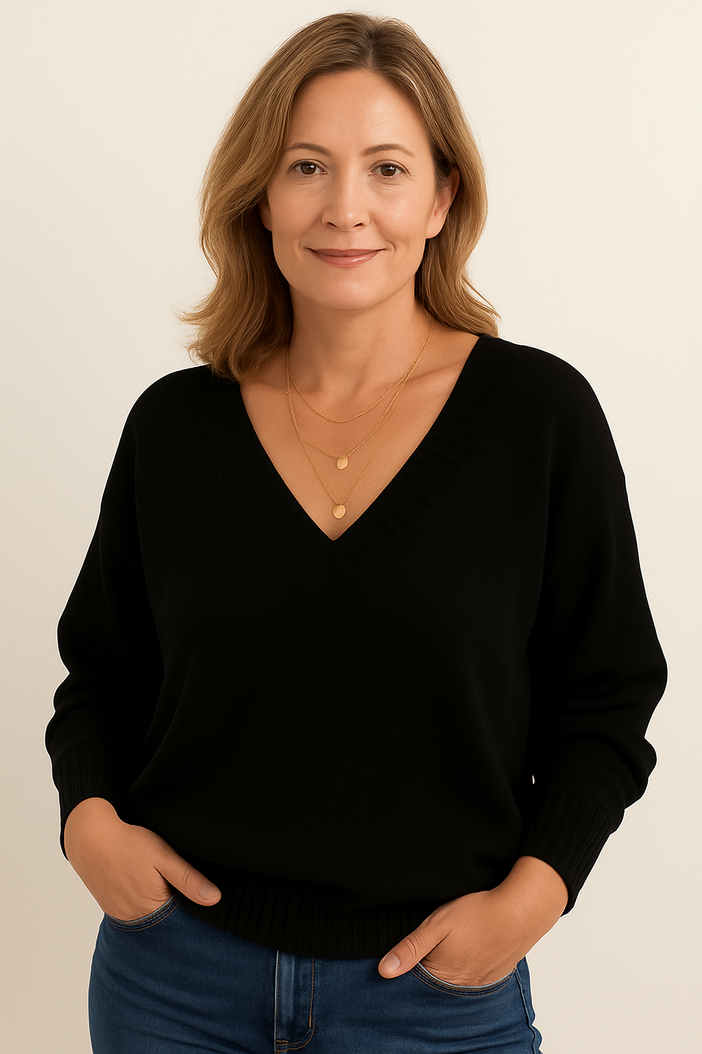 Cozy women's ribbed V-neck sweater. Long sleeves, relaxed fit for ultimate comfort.