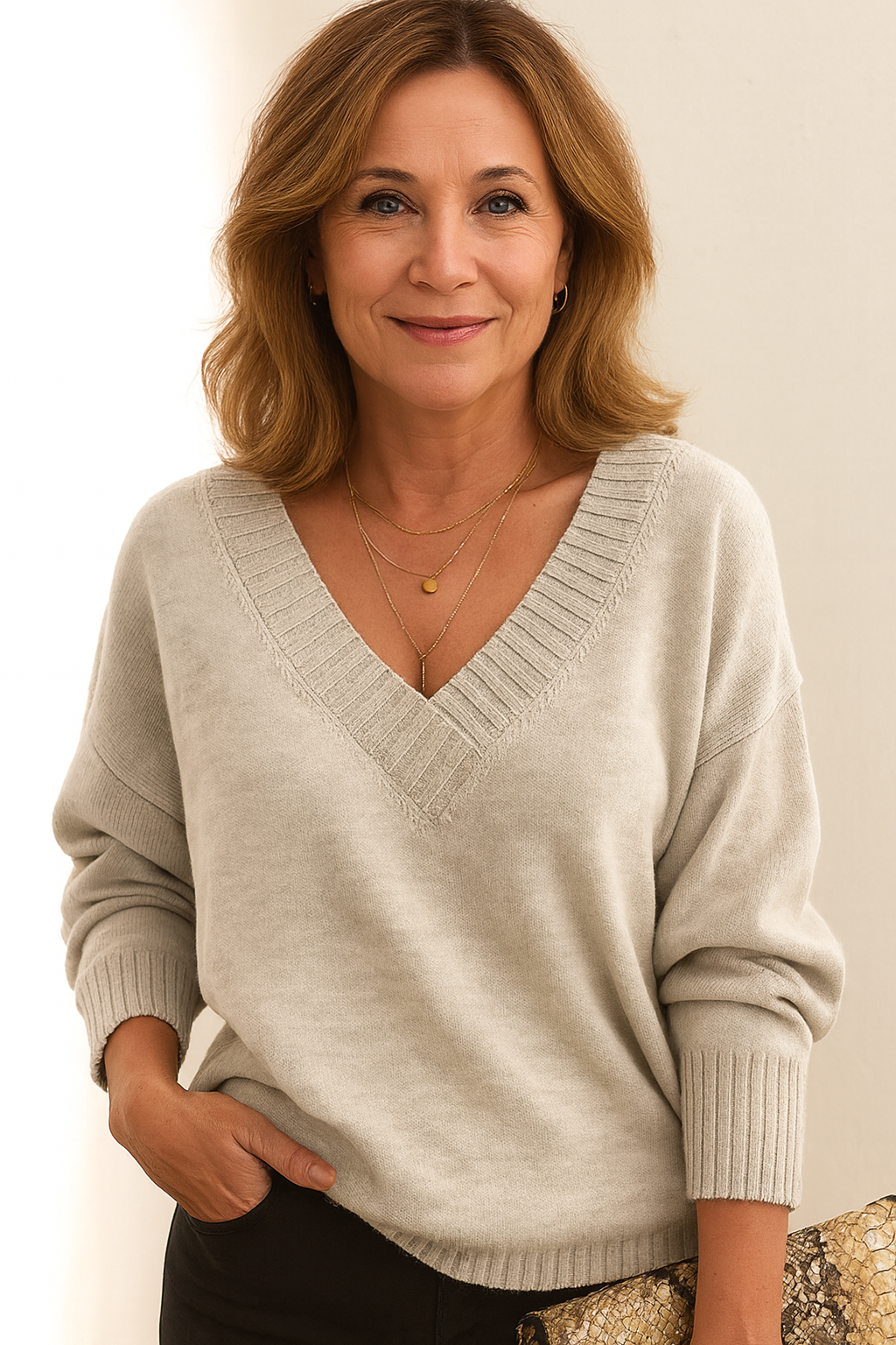 Everyday comfort: women's relaxed fit V-neck long sleeve ribbed sweater.