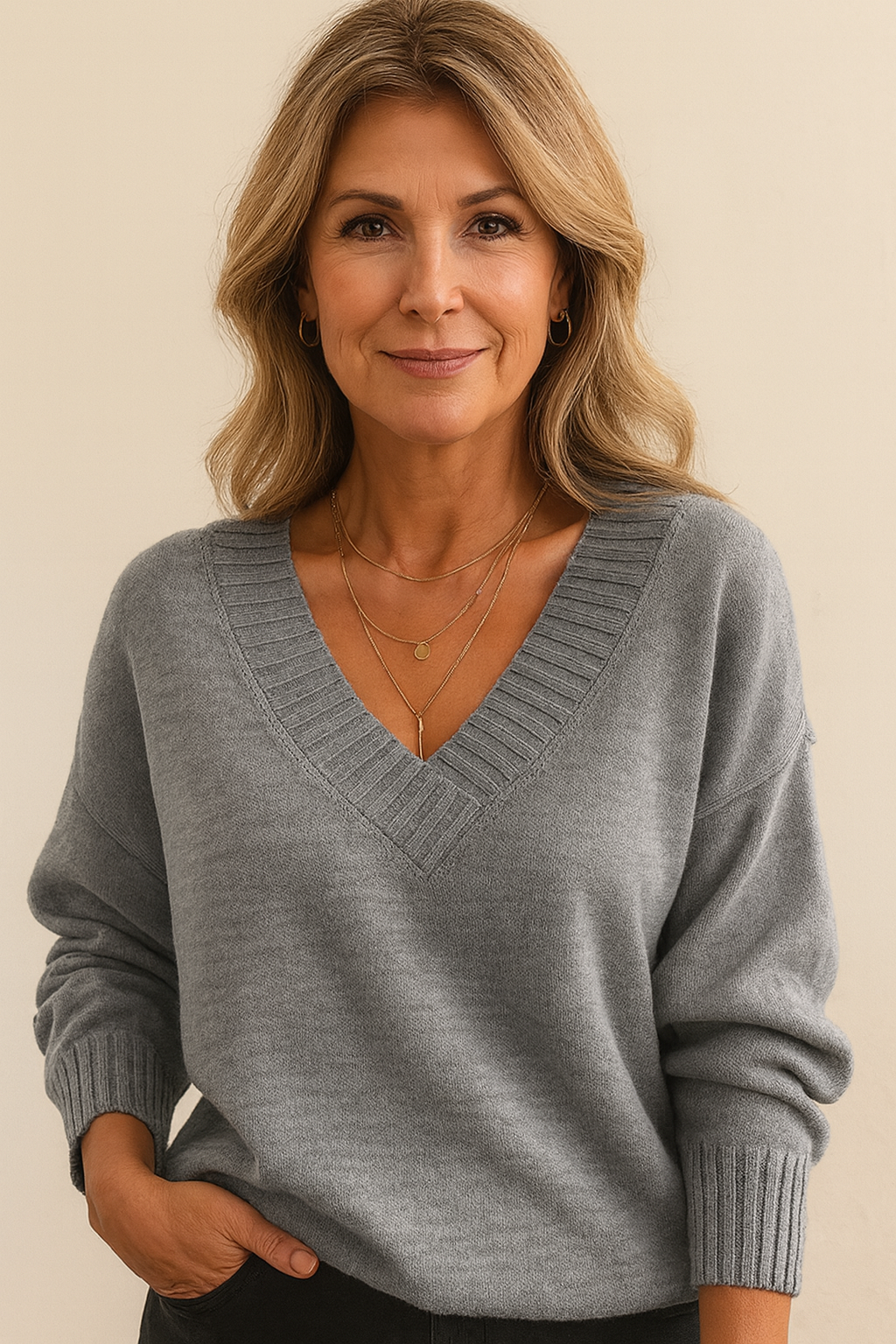 Chic casual V-neck ribbed sweater for women. Long sleeves, relaxed fit, versatile style.