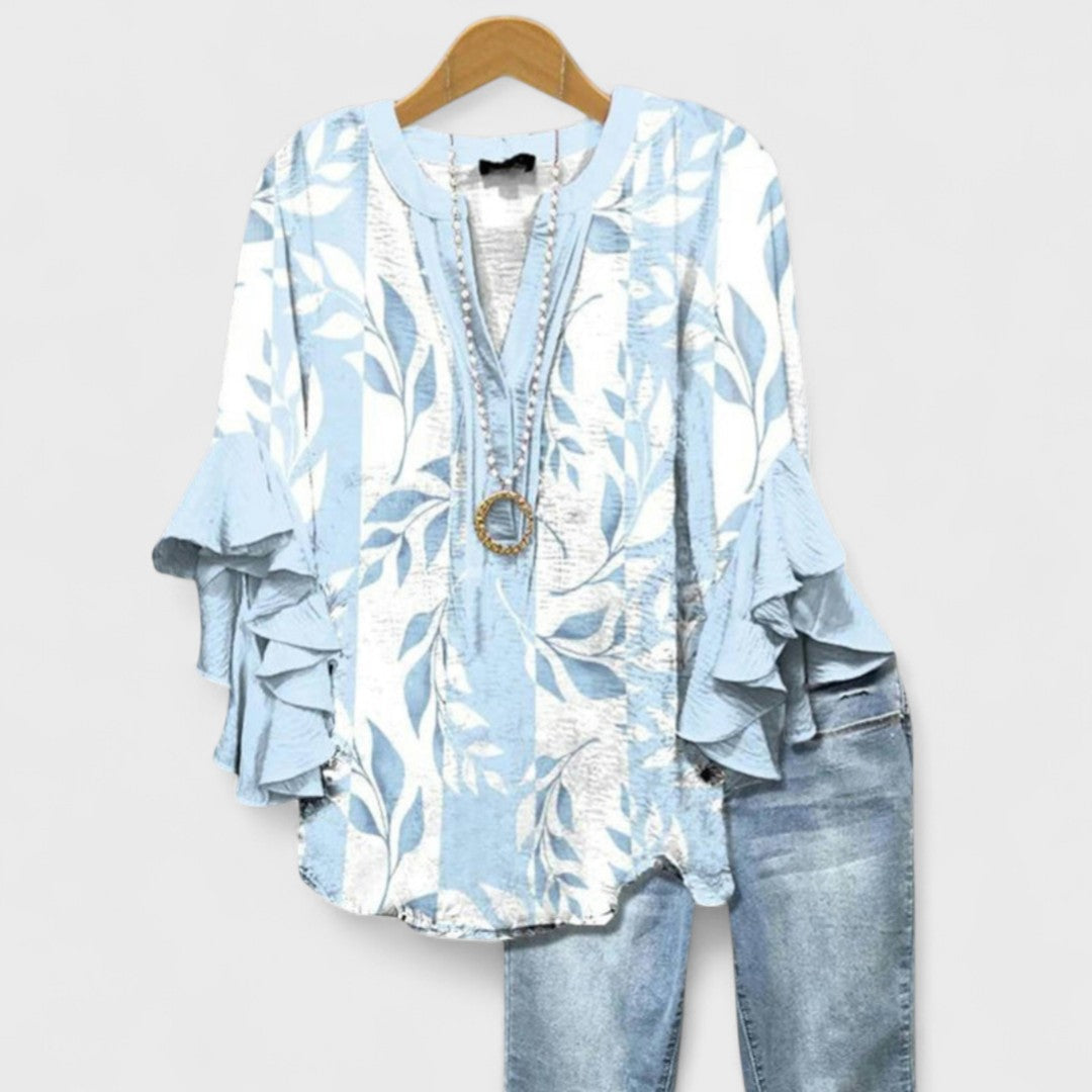 Chic women's V-neck blouse with ruffle sleeves, perfect for office or casual wear.
