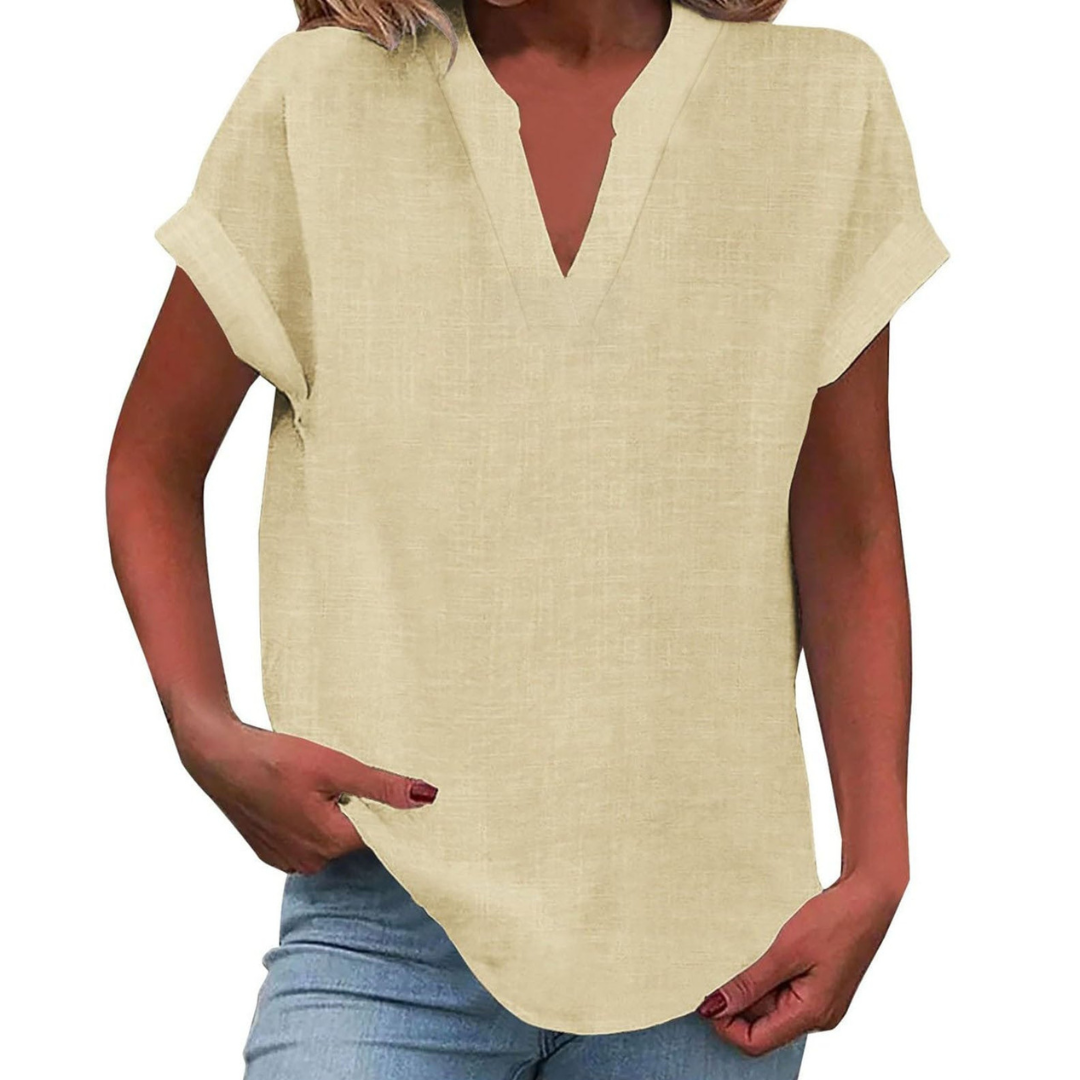 Versatile women's V-neck short sleeve top in a solid color, suitable for both casual and semi-casual outfits.