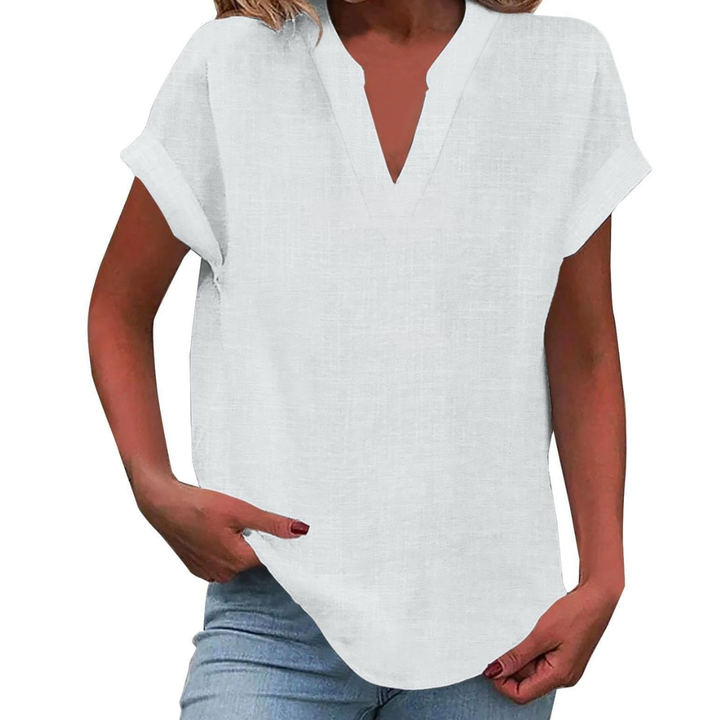 Effortless style with this solid color women's V-neck short sleeve blouse, a comfortable top for any day.