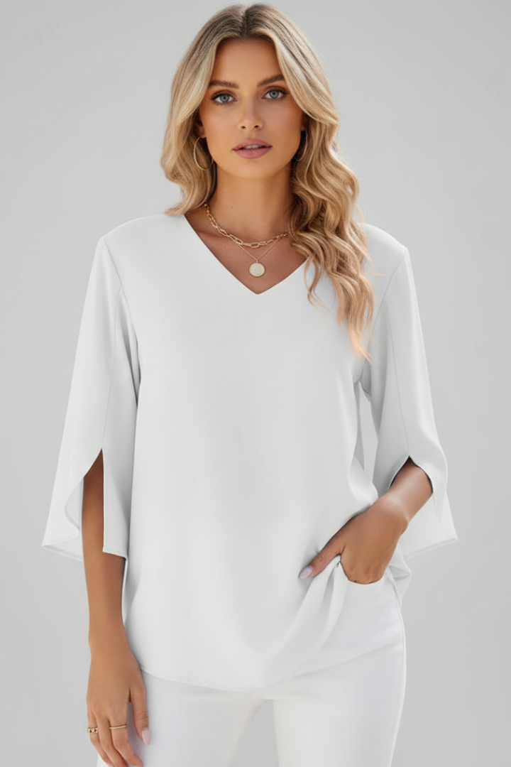 Comfortable women's V-neck short sleeve top, relaxed fit blouse for casual and everyday wear.