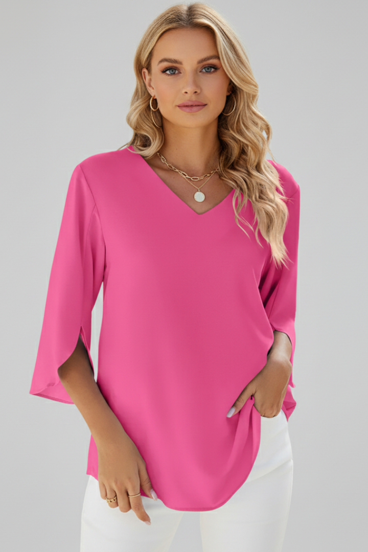 Elegant women's V-neck short sleeve blouse, a chic and casual top for comfort and style.