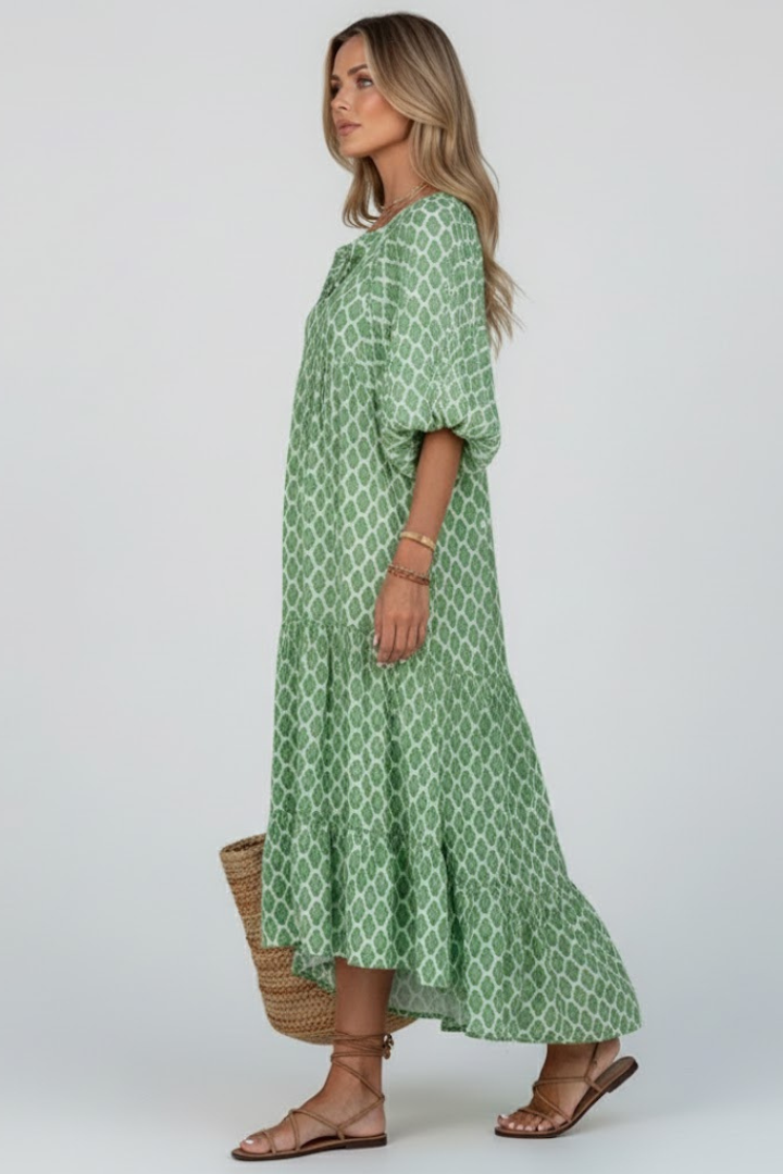 Casual women's flowy V-neck maxi dress with short sleeves, a comfortable and chic summer outfit.