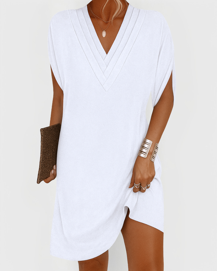 Chic women's V-neck mini dress with split sleeves, a perfect blend of style and comfort for summer.