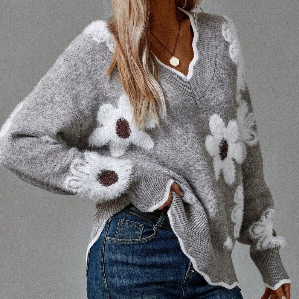 Women's V-neck sweater with textured floral detail, long sleeve, perfect for autumn casual wear.