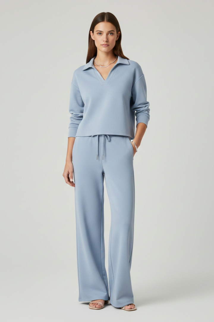 Cozy women's two-piece loungewear set with V-neck long sleeve top and wide-leg pants. Perfect for relaxing.