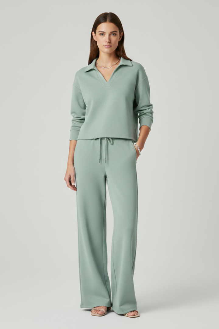 Versatile women's fashion set: V-neck top & wide-leg trousers. Ideal for casual, work, or travel; soft, comfortable fabric.