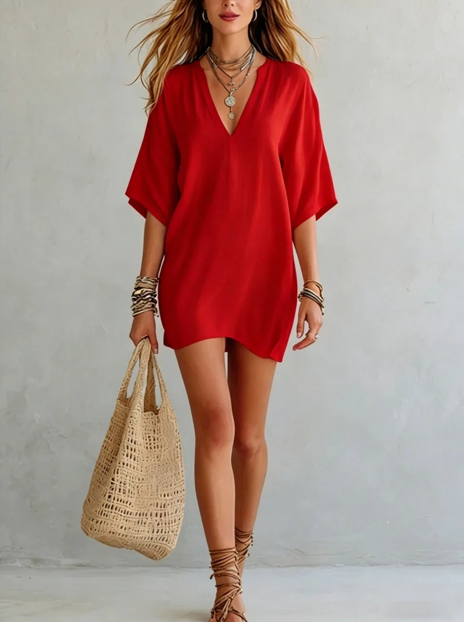 Women's short V-neck tunic dress with relaxed fit, versatile for beach, resort, or casual outings.
