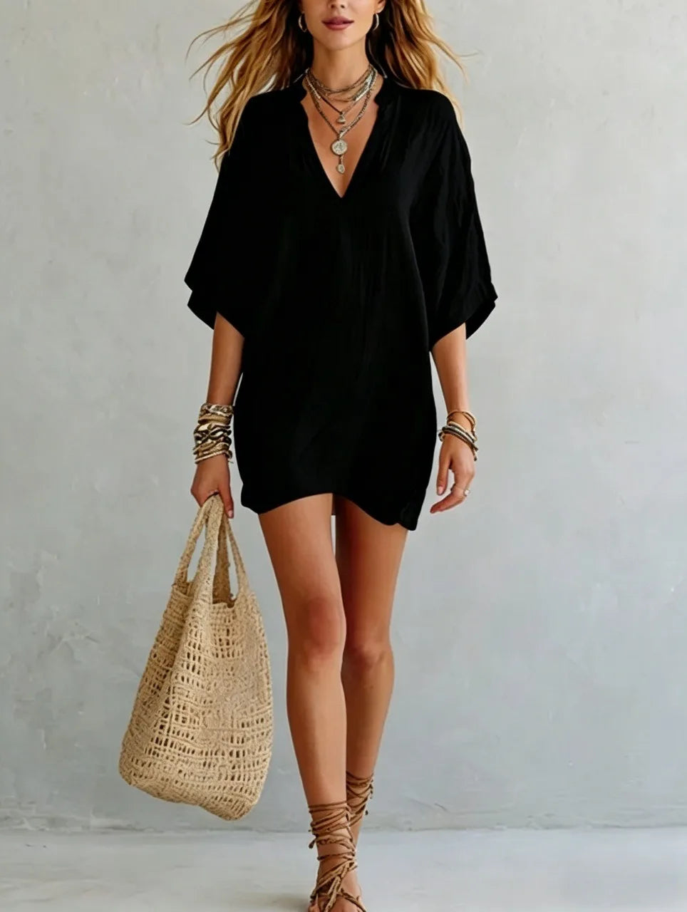 Effortless V-neck mini tunic dress for women, a relaxed fit casual summer dress or beach cover-up.