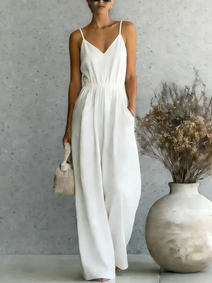 Women's V-neck wide leg jumpsuit for a relaxed, casual summer style. Perfect one-piece outfit.