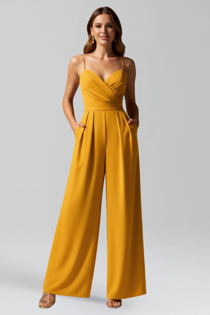 Stylish women's V-neck wide leg jumpsuit, perfect for elegant casual wear or a comfortable dressy look.