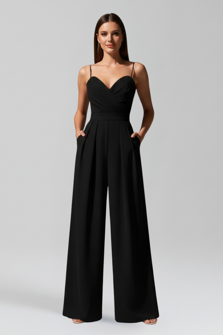 Comfortable women's sleeveless V-neck jumpsuit with wide legs, versatile for casual or dressy occasions.