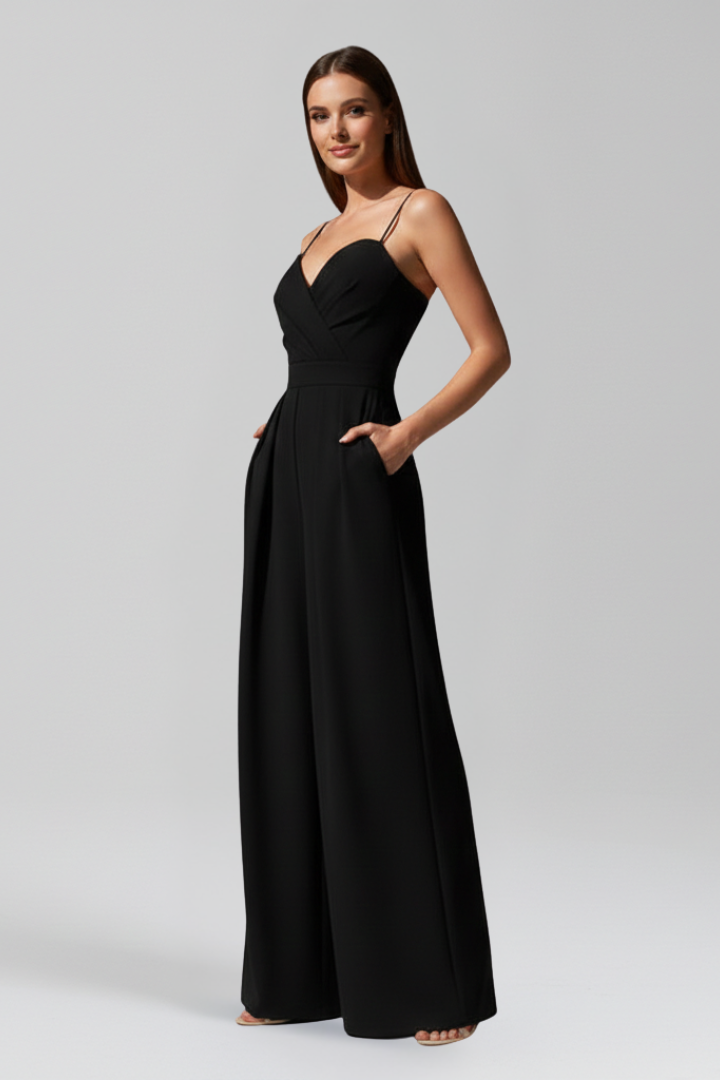 Dressy women's V-neck wide leg jumpsuit, offering effortless style and comfort for any event.
