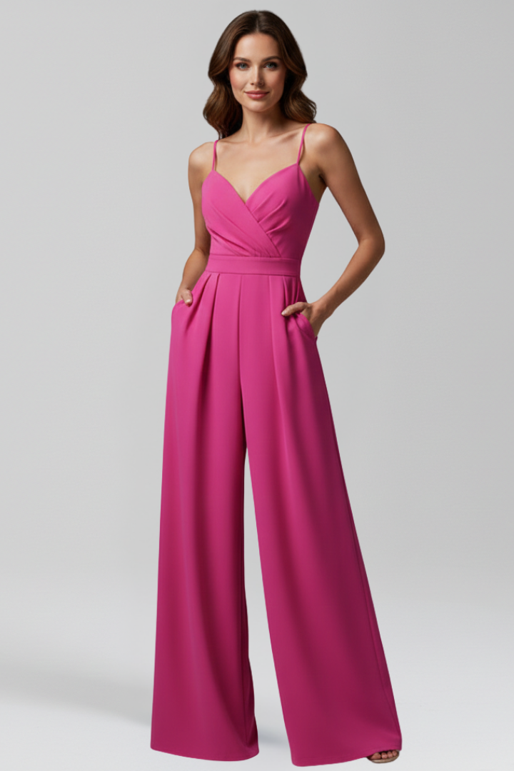 Effortless women's V-neck wide leg jumpsuit, a comfortable and chic piece for versatile warm-weather wear.