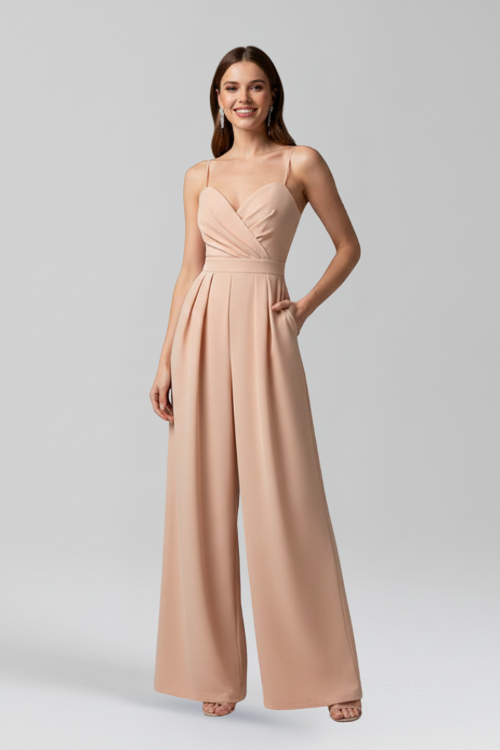 Modern women's V-neck wide leg jumpsuit, blending elegance and comfort for a versatile chic look.
