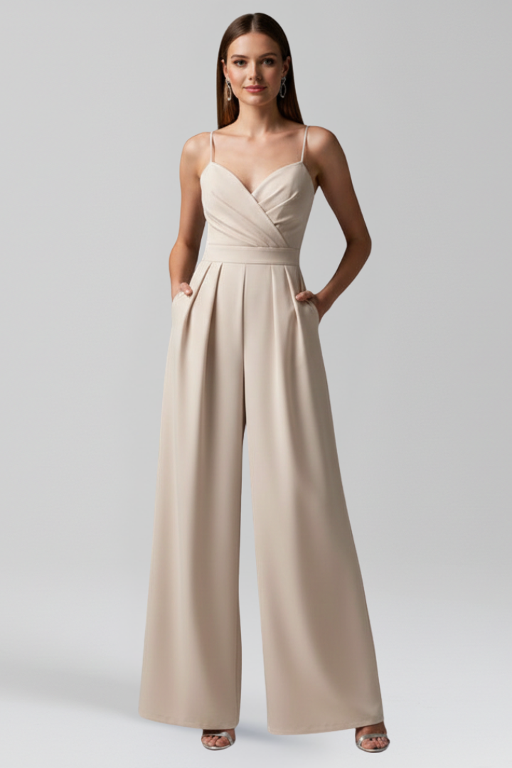 Sleeveless women's V-neck wide leg jumpsuit, a comfortable and elegant staple for spring fashion.