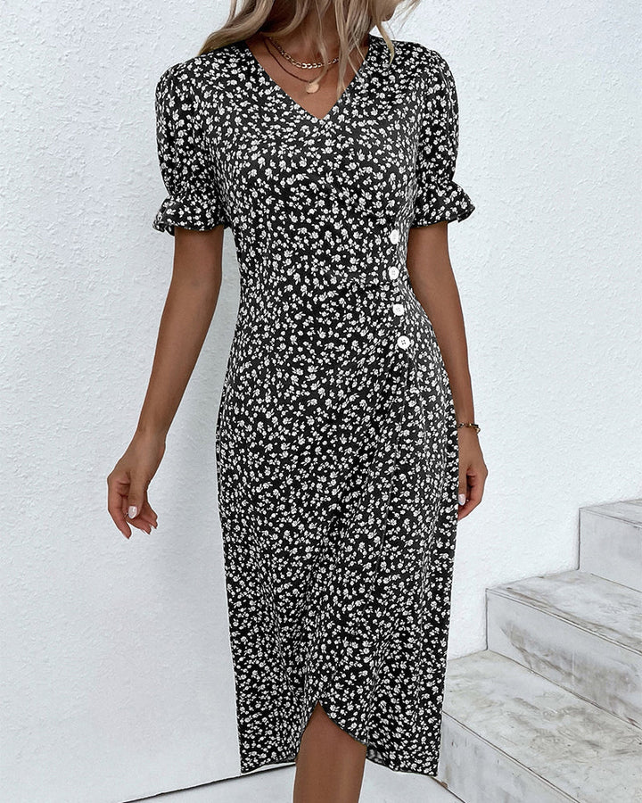 Trendy women's V-neck wrap midi dress with short sleeves, a must-have for modern style.