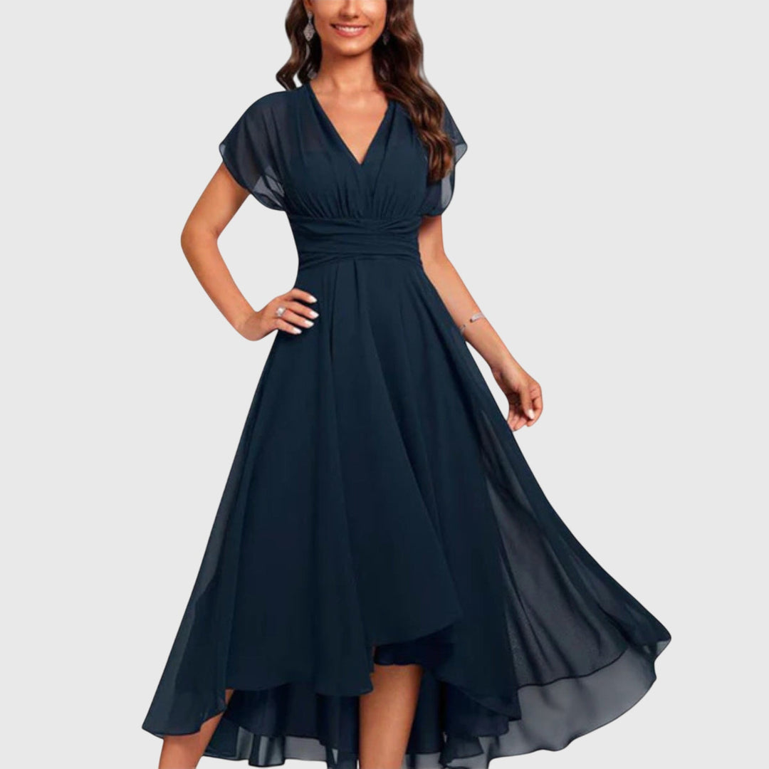 Women's V-neck wrap midi dress with short sleeves, flattering & comfortable for spring/summer casual or elegant style.