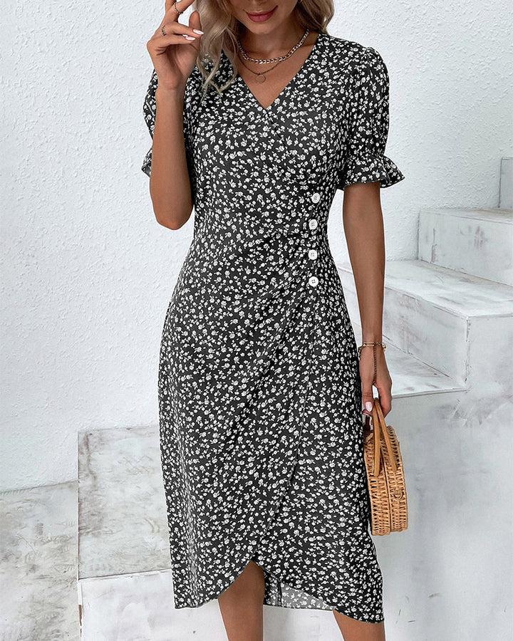 Stylish women's short sleeve V-neck wrap midi dress, great for summer parties & events.