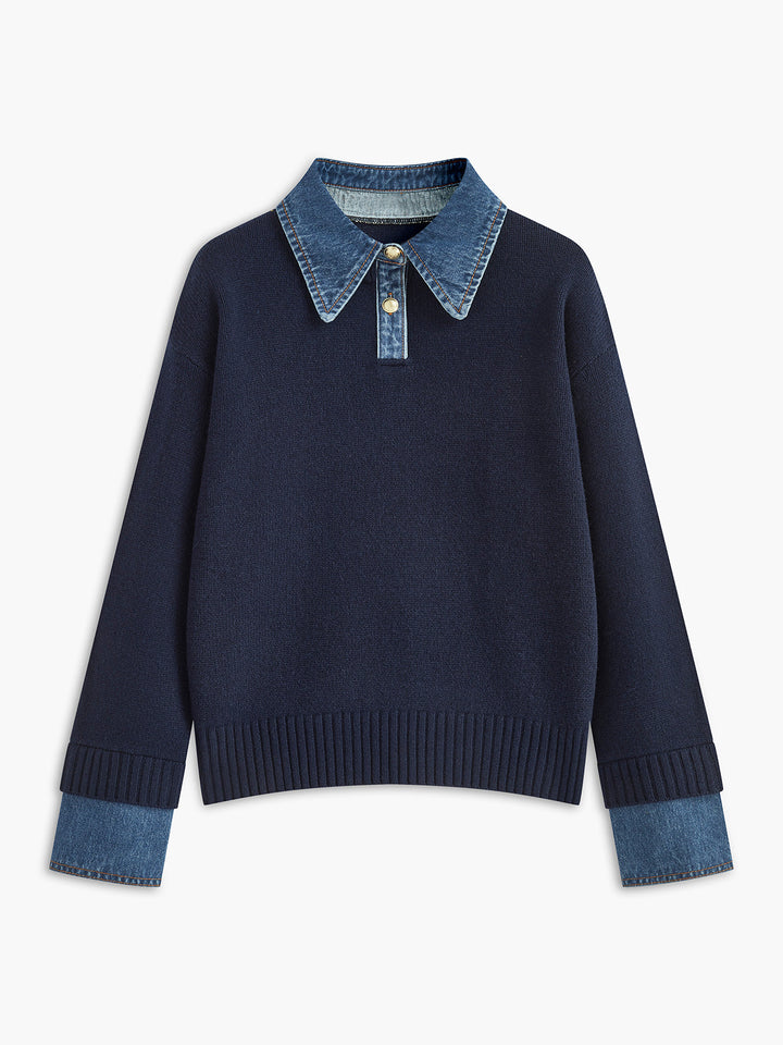 Women's versatile 2-in-1 lapel sweater, elegant button detail, perfect for office or chic casual wear.