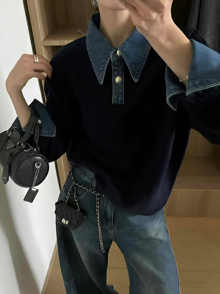 Chic women's 2-in-1 lapel sweater with faux layered design, ideal versatile top for all-season style.