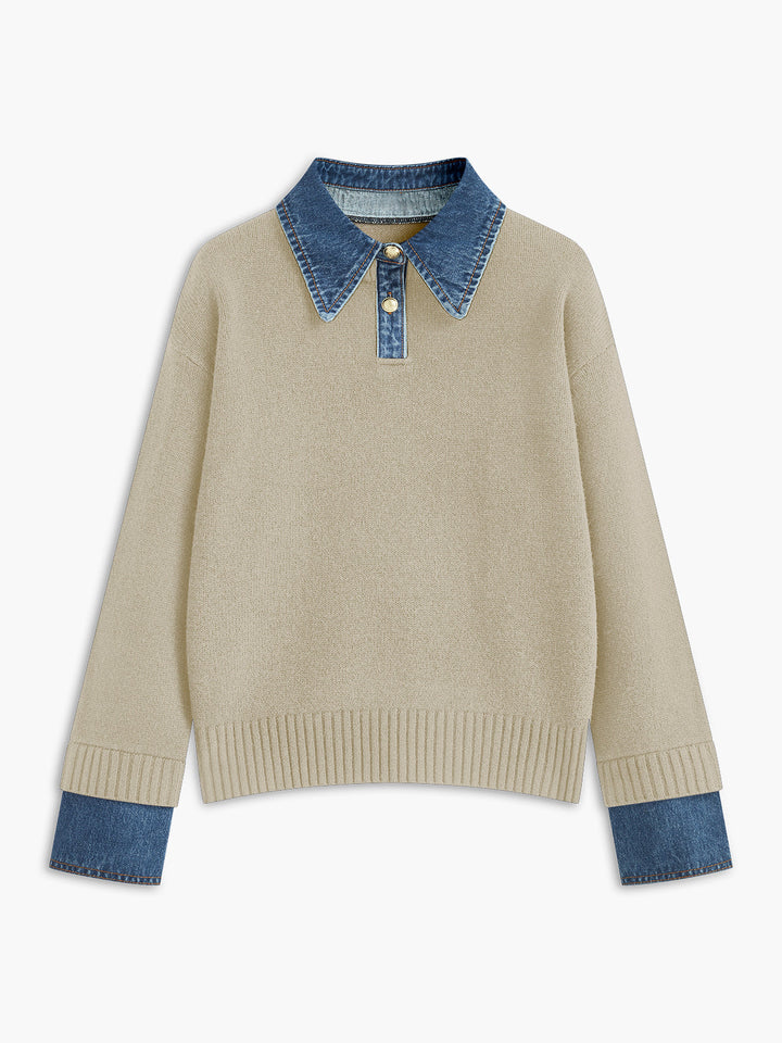Soft women's lapel sweater, a chic 2-in-1 versatile top with elegant button details for modern fashion.