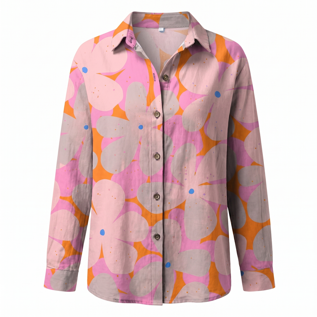 Women's fashionable abstract print long sleeve blouse, versatile split neck top.