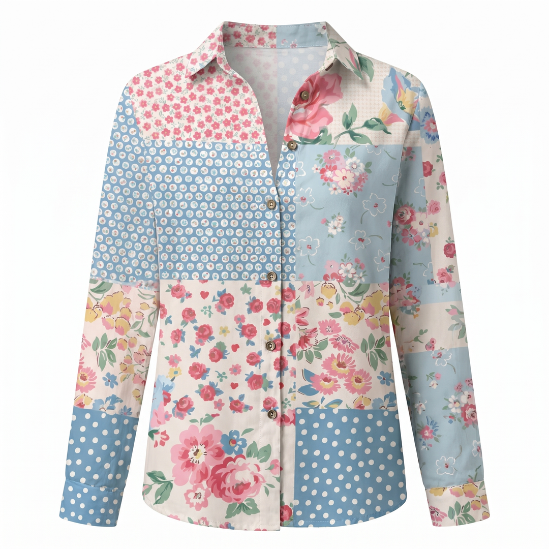 Long sleeve women's blouse with vibrant abstract print and stylish split neck.