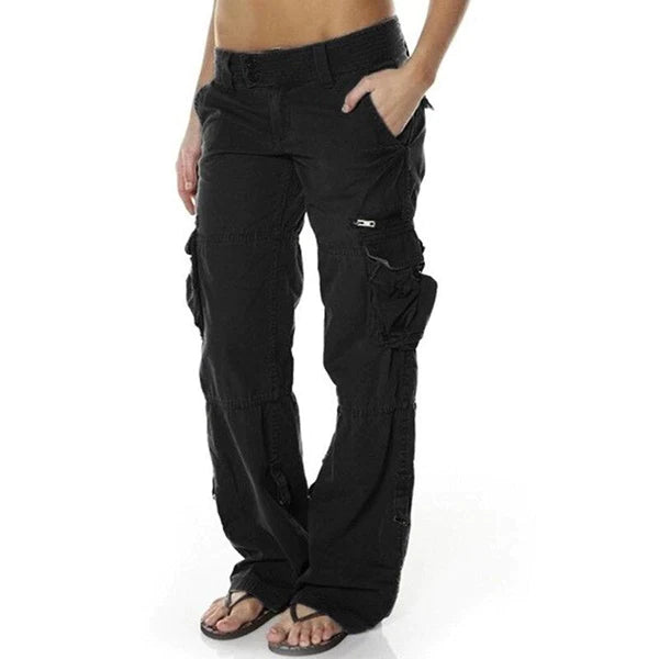 Casual women's utility cargo pants, comfortable and versatile for daily wear. Features large practical pockets.