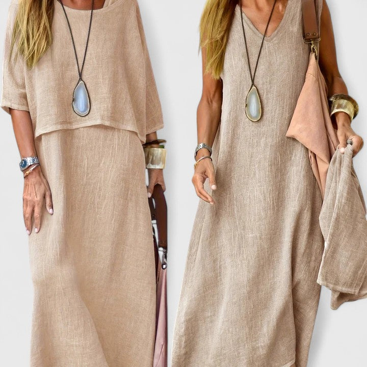 Women's versatile two-piece maxi dress set featuring a short sleeve top & elegant V-neck dress.