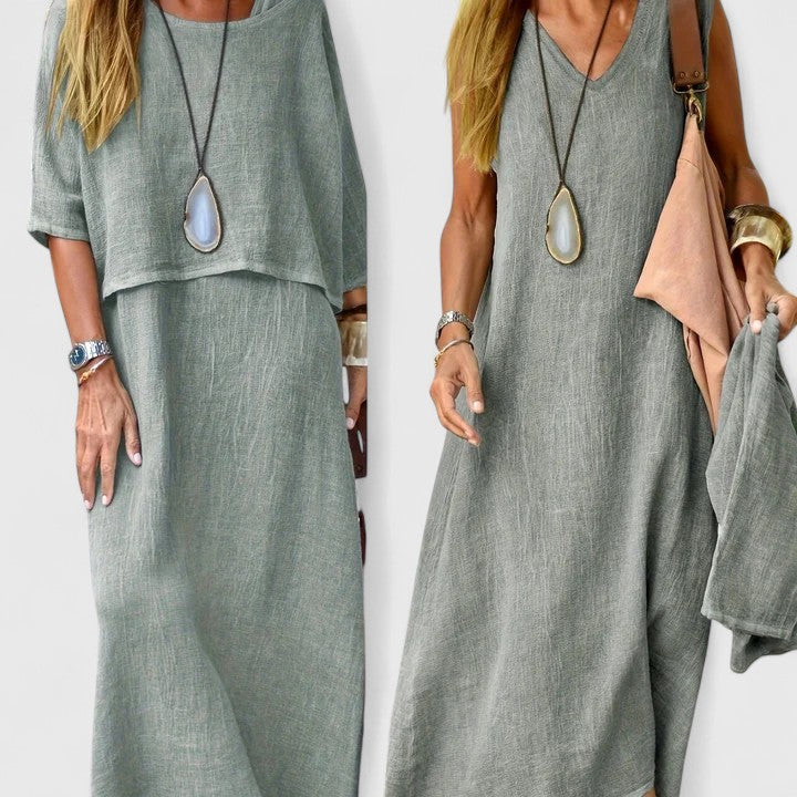 Relaxed fit V-neck maxi dress and short sleeve top, a versatile women's two-piece set.