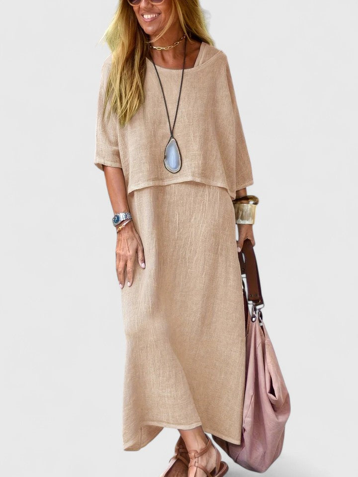 Stylish women's layered look two-piece maxi dress set, with a short sleeve top & flowy dress.